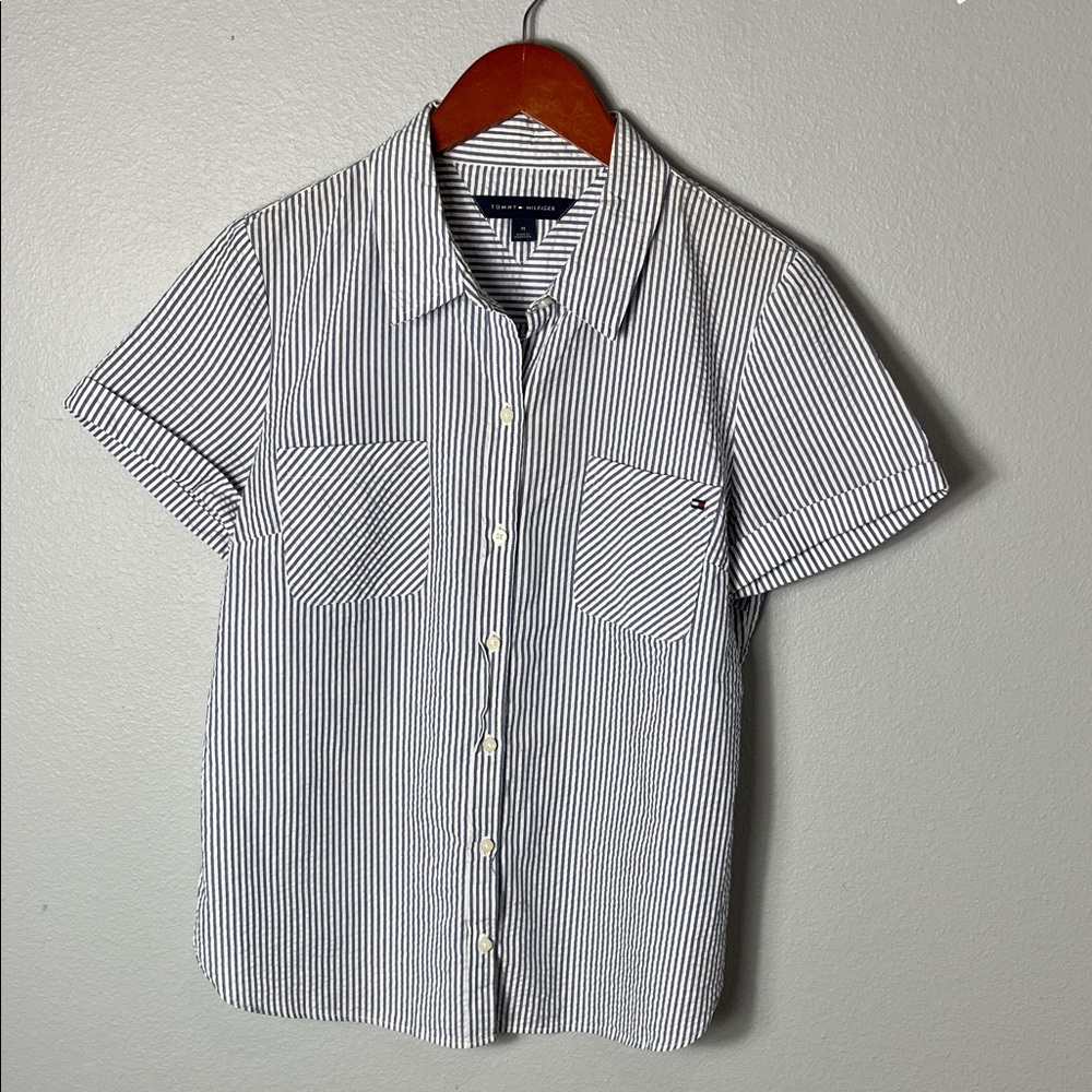 Tommy Hilfiger Blue and White Striped Button Down Shirt